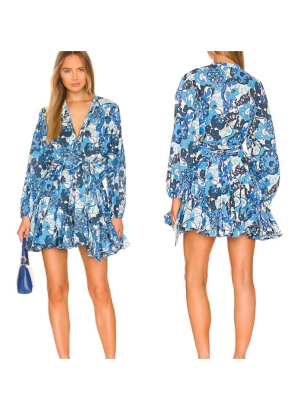 NEW Rhode Button Up Pleated Long Puff Sleeves Mini Dress Blue Size: Extra Small